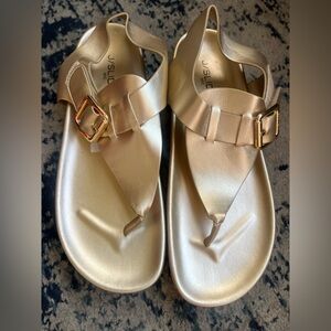 J/SLIDES Metallic Gold Buckle Thong Sandals urban sport size 9 ladies New NWT